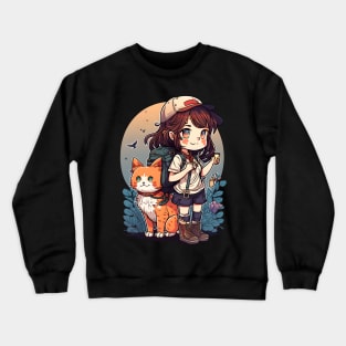 Girl & Orange Cat Kawaii Anime Floral Cat Lover Crewneck Sweatshirt